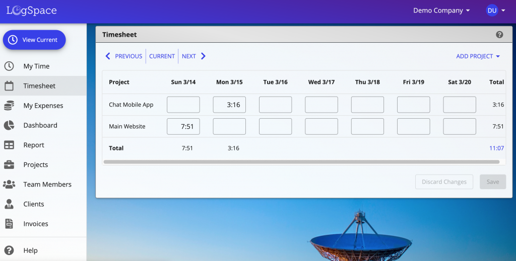 A screenshot of LogSpace online timesheet software