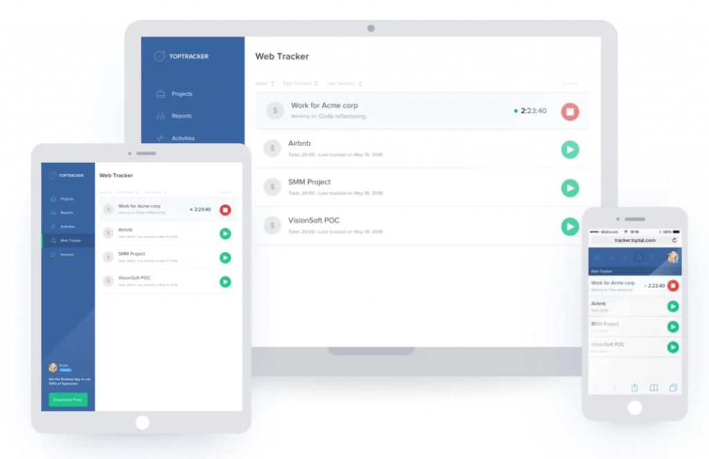 TopTracker timesheet app on various devices